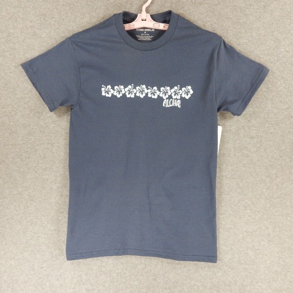 Aloha Hibiscus Womens TShirt Medium Navy Blue Hawaii Island Flower Kona Marlin